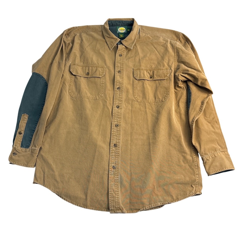 Cabelas Mens Large Tall Tan Cotton Canvas Button Down Shirt Elbow Patches 902617